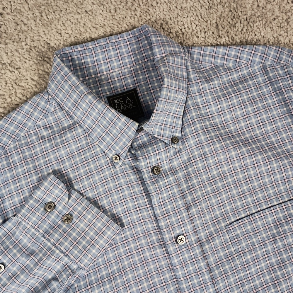 Jos. A. Bank Button Down Shirt Mens L Blue Plaid Excellent Traveler Slim Fit